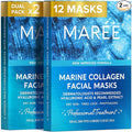 MAREE Collagen Facial Mask with Hyaluronic Acid — Sheet Face Mask Skincare — Centella Asiatica, Green & Red Algae Extract — Hydrating Facemask For Women Skin Care — Mascarillas Para La Cara — 12 Count