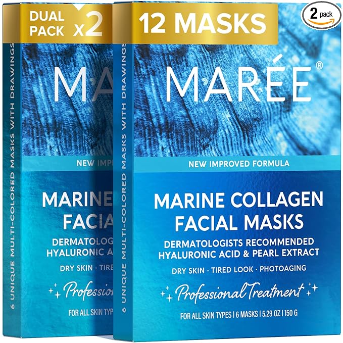 MAREE Collagen Facial Mask with Hyaluronic Acid — Sheet Face Mask Skincare — Centella Asiatica, Green & Red Algae Extract — Hydrating Facemask For Women Skin Care — Mascarillas Para La Cara — 12 Count