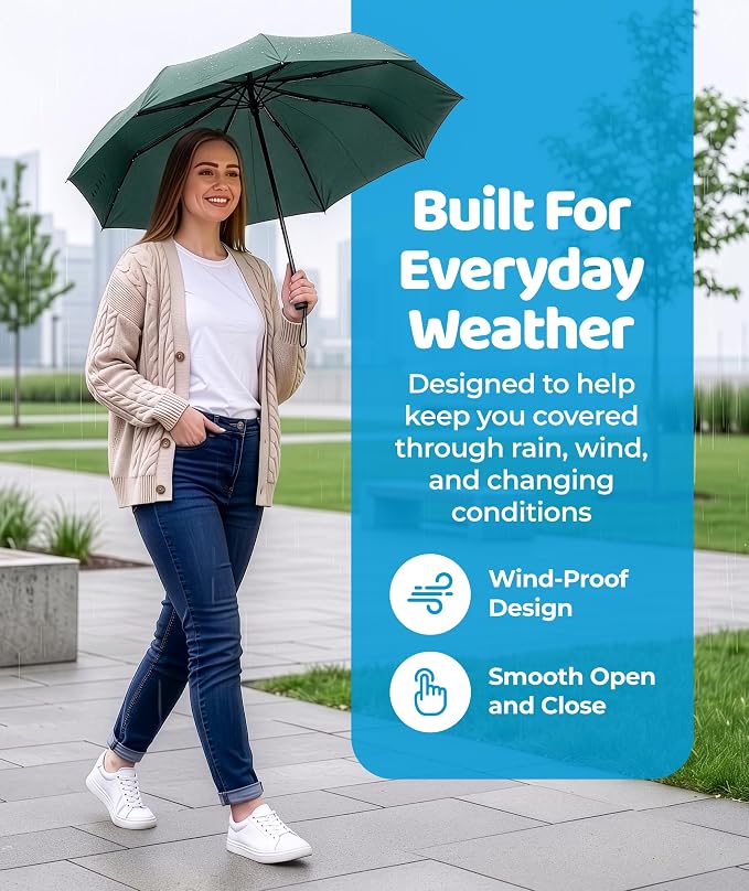 Rain-Mate Windproof Compact Umbrellas for Rain - Strong Reinforced Fiberglass Rib Design & Auto Open & Close - Portable Folding Travel Umbrella - Lightweight & Packable for Women & Men, Easy Collapse