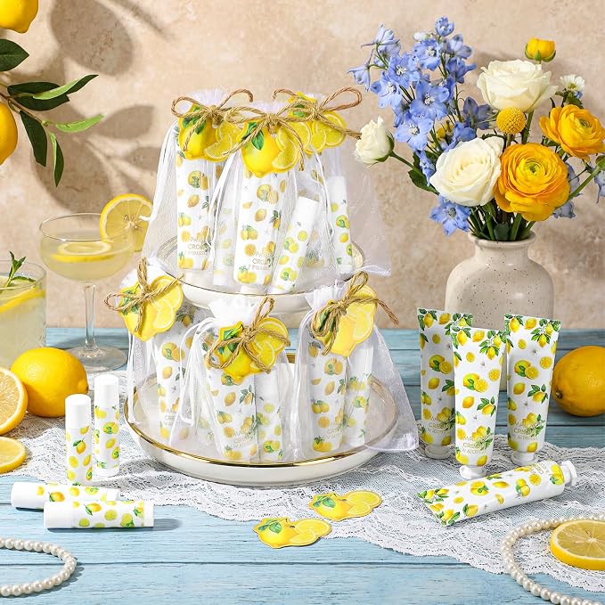 24 Sets Lemon Hand Cream and Lip Balm Gift Bridal Baby Shower Party Favors Travel Size Hand Lotion and Lip Balm Bulk with Organza Bags Tags Wedding Bridal Baby Shower Party Supplies for Guests