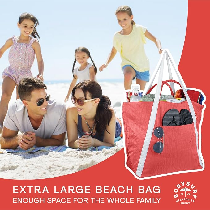 Bodysurf Beach Bags Waterproof Sandproof - Packable Foldable Nylon Zipper Tote Bag for Travel Lightweight, Pool, Boat, Cruise