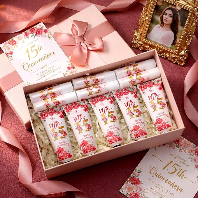 Leelosp 100 Pcs/50 Sets Red Quinceanera Party Favor Gifts for Guests 15th Thank You Gifts Girl Hand Cream and Lip Balm Sweet 15th Birthday Party Favors for Guests