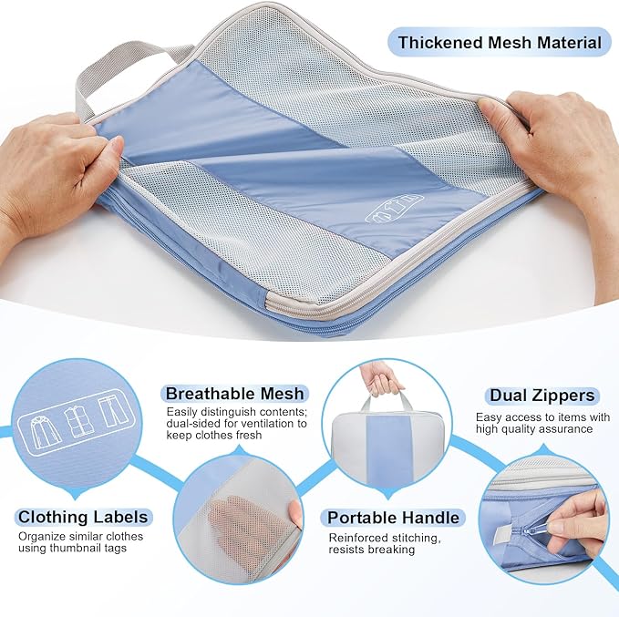 10 Set Compression Packing Cubes for Travel Essentials,Compressible Expandable Packing Cubes for Suitcase,OlarHike Luggage Garment Bags for Travel,Handy Helper for Organizing Clothes(Light Blue)