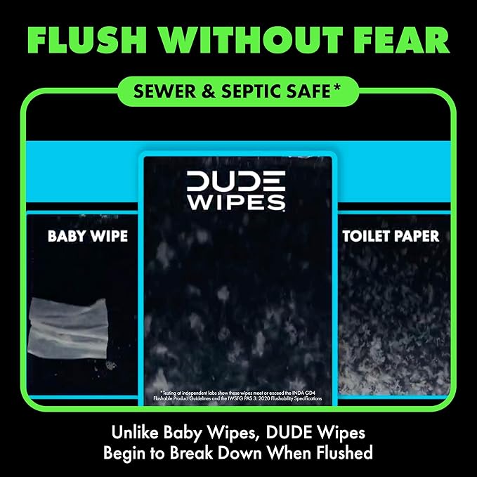 DUDE Wipes MentHOLE XXtreme Flushable Wipes - Menthol Infused Extra-Large Adult Wet Wipes - 6 Pack (288 Count) - Infused with Menthol for a Cooling Sensation - Septic and Sewer Safe
