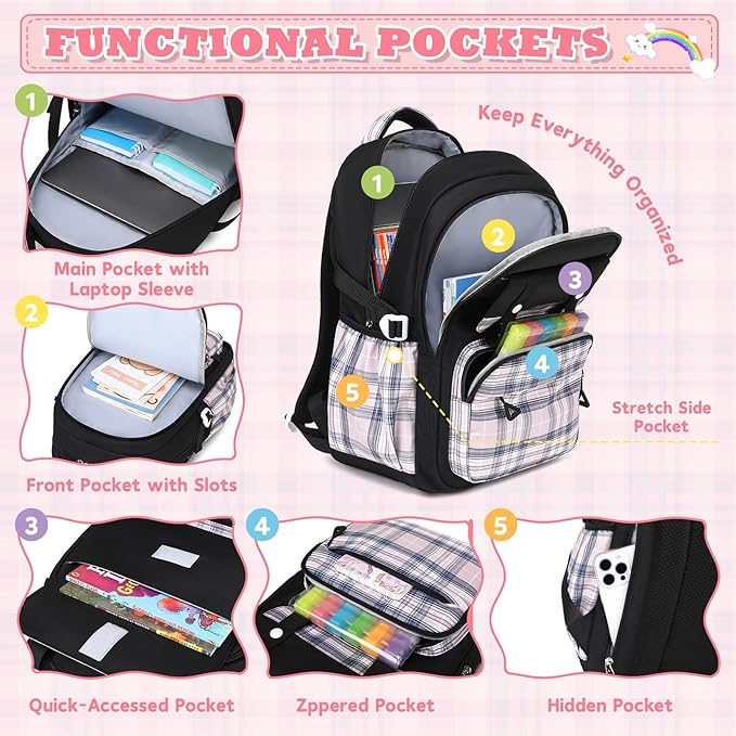 MUSEVOS Girls Backpack, Elementary Middle School Backpack, Large Capacity Kids Bookbag