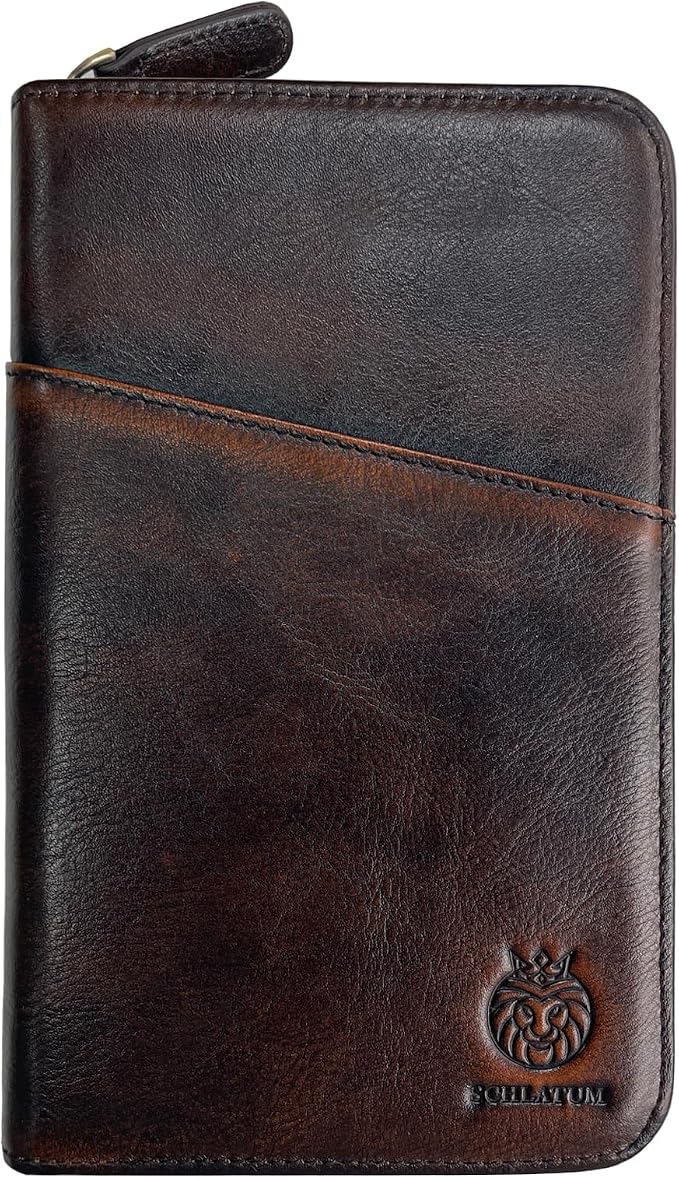 Leather Family Passport Holder RFID Blocking Vintage Zipper Large Capacity Travel Wallet with 6 Passport Slots & Wristlet, Antiqued