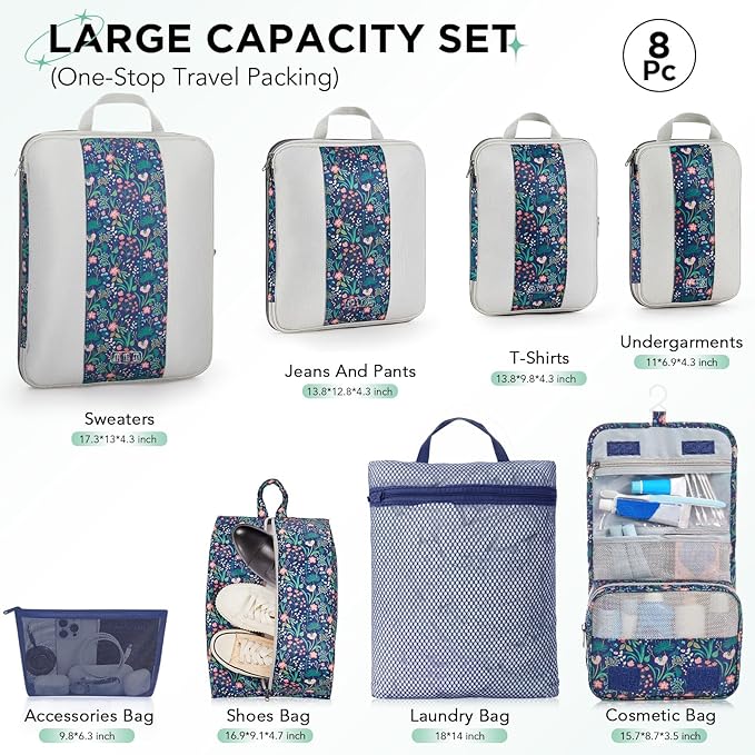 8 Set Compression Packing Cubes for Travel Essentials,Compressible Expandable Packing Cubes for Suitcase,OlarHike Luggage Garment Bags for Travel,Handy Helper for Organizing Clothes(Dark Blue Floral)