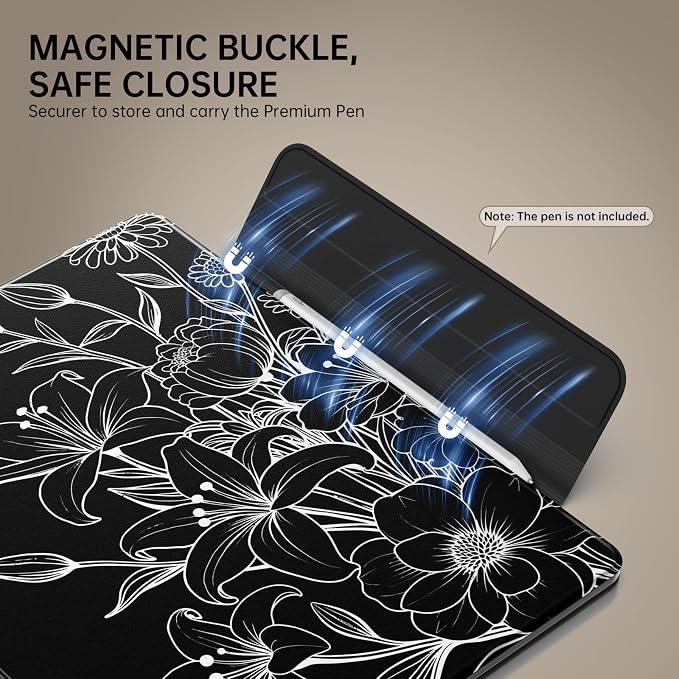 MoKo Magnetic Case for All-New 11" Kindle Scribe 2025(3rd Generation) & Kindle Scribe Colorsoft 2025(1st Generation) - Slim Folio Premium PU Leather Cover with Pen Clasp & Auto Sleep Wake, Line Flower