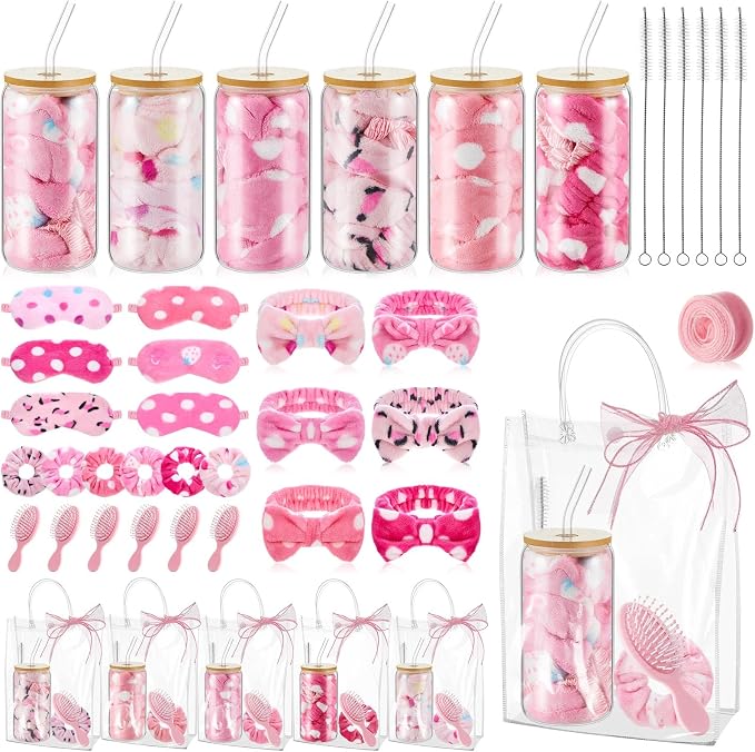 37 Pcs Spa Sleepover Party Supplies for Girls, 6 Set Spa Party Favors, Include Cups, Hairbands, Sleep Eye Mask, Headband, Brush, Tote Bags with Ribbon for Pink Sleepover Birthday Favors
