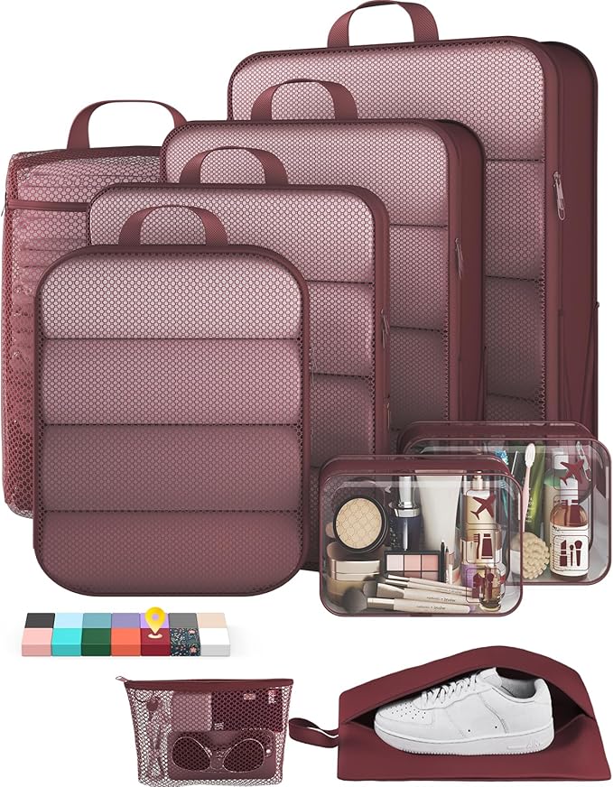 Veken 9/11 Set Compression Packing Cubes for Travel Essentials,Compressible Expandable Large Luggage Suitcase Organizer Bags for Clothing,Durable Space Saver Storage Bags with Toiletry Bags(Wine Red)