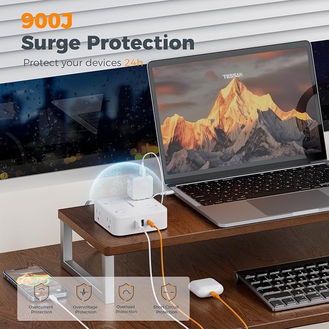 TESSAN Surge Protector Power Strip, 15 Ft Flat Plug Extension Cord with 3 USB (1 USB C 20W PD) 8 Outlets, 1250W, 900J Protection, 3 Sided Outlet Extender with Power Switch for Office, Dorm Room, White