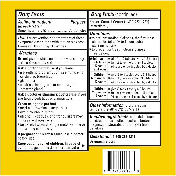 Dramamine Motion Sickness Original, for Nausea Relief During Travel, 36 Count