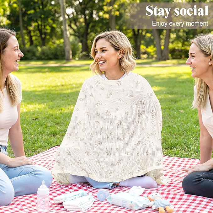 Basumee Nursing Cover for Breastfeeding Breathable Mesh 360 Full Privacy Nursing Wrap Multi-Use Breast Feeding Covers for Women Moms Feeding Essentials, Beige Branches, 1 Pack