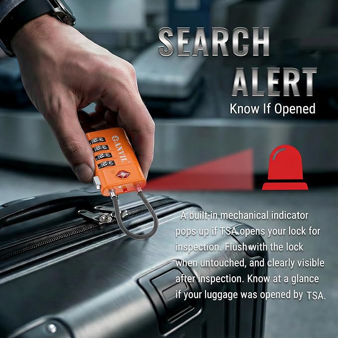ANVIL TSA Approved Luggage Locks with Search Alert Indicator, 4-Digit Combination Suitcase Lock, Advanced TSA008 Core Heavy Duty Anti-Theft Travel Lock for Double Zippers, Backpacks