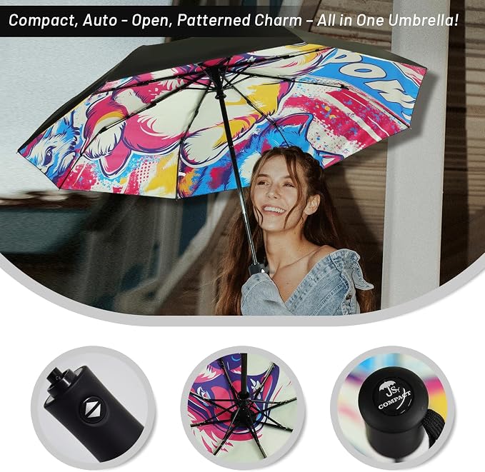 SY COMPACT Travel Umbrella - Windproof Automatic Compact Umbrella for Rain, Lightest 8-Rib, Small, Strong & Portable, Durable Grip, Fits Backpack & Car, Factory Direct (UV Available)