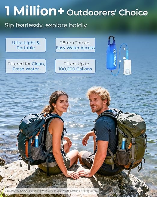 Waterdrop Gravity Water Filter Straw, Camping Water Filtration System, Water Purifier Survival for Travel, Backpacking and Emergency Preparedness, 1.5 gal Bag, 5 Stage Filtration, Pack of 2