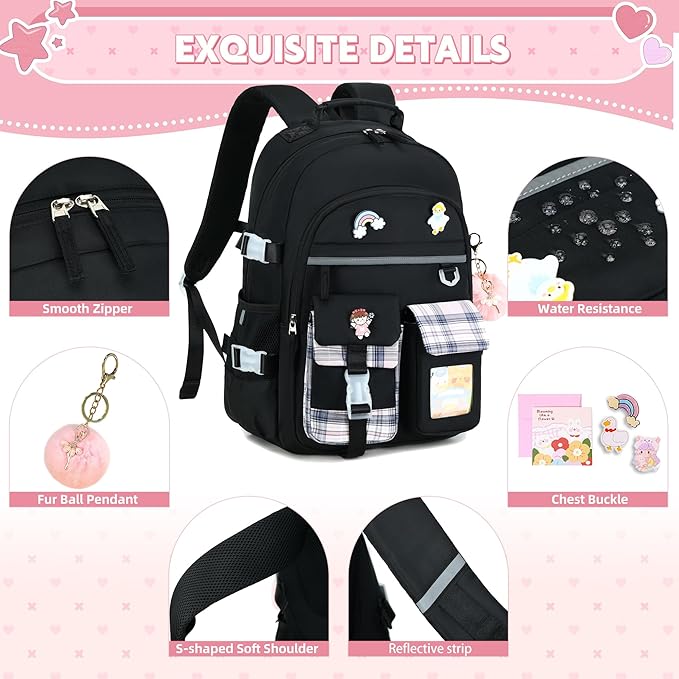 Backpack for Girls 15.6 Inch Laptop School Bag Kids Elementary College 3pcs Backpacks Lunch box Pencil Case Set Bookbags for Girls Teen Women Student Black