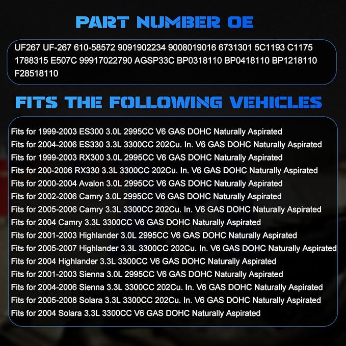 6PCS UF267 Ignition Coils + 6PCS AGSP33C Iridium Spark Plugs Ignition Coils Pack Fits for 2000-2004 Avalon, 2002-2006 Camry, 2001-2006 Highlander 3.0L 3.3L, Coil Pack Set Aftermarket Parts