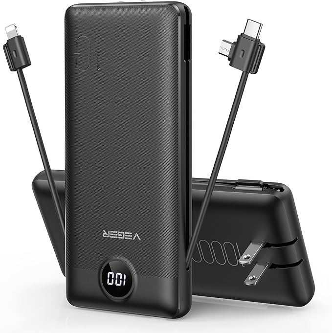VEGER Portable Charger Power Bank with Built-in AC Plug and Cables, All in One 10000mAh Ultra Slim Travel Essentials, Fast Charging Battery Pack Compatible with iPhone, Samsung, Android, Black