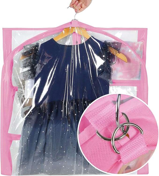Univivi Clear PVC Dance Costume Bags 50 Inch Garment Bag for Dance Competitions, with 3 Seperated Medium Clear Zipper Pockets and 1 Large Back Zippered Pocket (Pink)