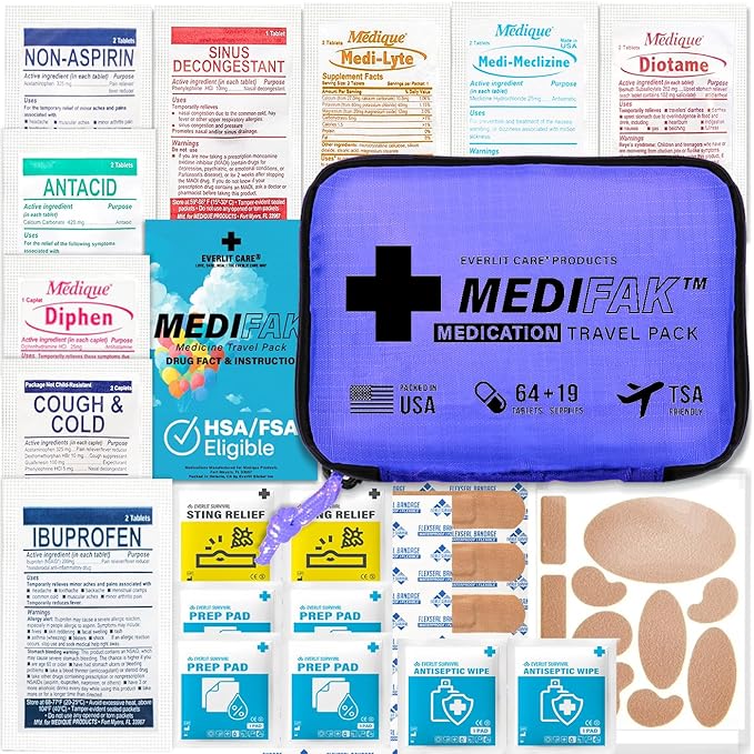 EVERLIT CARE Travel Essential Medicine First Aid Kit I Bonus Medical Supplies I TSA Compliant Mini Size Medkit for Traveling Camping Trips Individually Packed 64 Tablets (Purple)