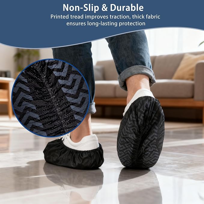 XL Disposable Shoe Covers Non Slip, 200 Pack Black Durable Non-Woven Booties for Shoes Covers, Breathable & Stretchable Boot Covers Fit Up to Men’s Size 13, Indoor Floor & Carpet Protection
