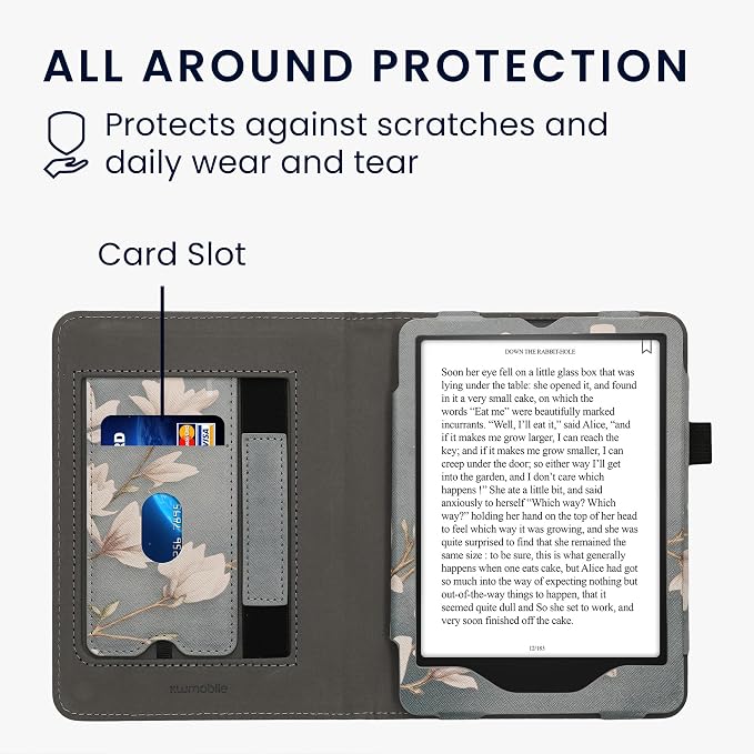 kwmobile Case Compatible with Amazon Kindle Paperwhite (2024)/Colorsoft - Case PU Leather Cover with Magnet Closure, Stand, Strap, Card Slot - Magnolias Taupe/White/Blue Grey