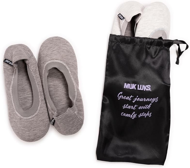 Muk Luks Women's 2 Pair Travel Ballerina Slipper Set, Grey, L (9-10)