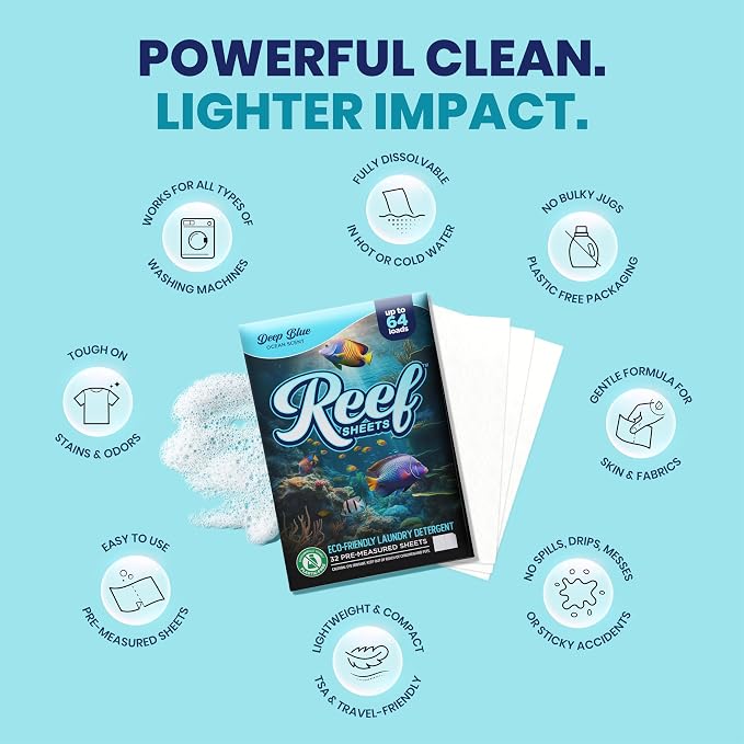 Reef Sheets Laundry Detergent Sheets, Deep Blue Ocean Scent, 32ct | 64 Loads, Hypoallergenic, Plastic-Free Eco-Friendly Packaging, Gentle on Skin, Tough on Stains, Travel-Friendly