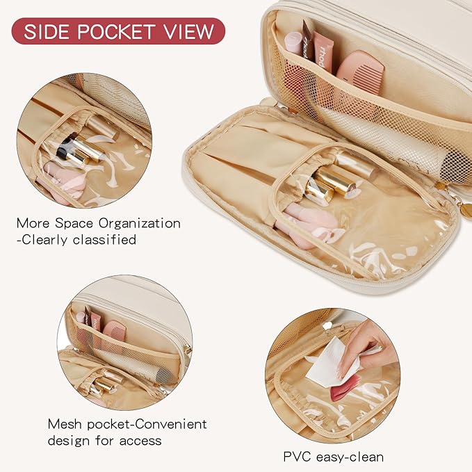 Gifts for Women Teen Girls Large Capacity Initial Travel Makeup Bag, 3-Compartment Cosmetic Organizer with Clear Brush Holders, Large Opening Waterproof Toiletry Bag,Beige,C
