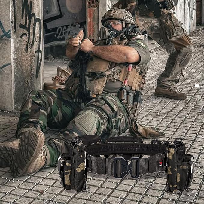YAKEDA Tactical Battle Belts for Men- Quick Release Trigger Airsoft Belt Heavy Duty Belts with Pouches 7 PCS