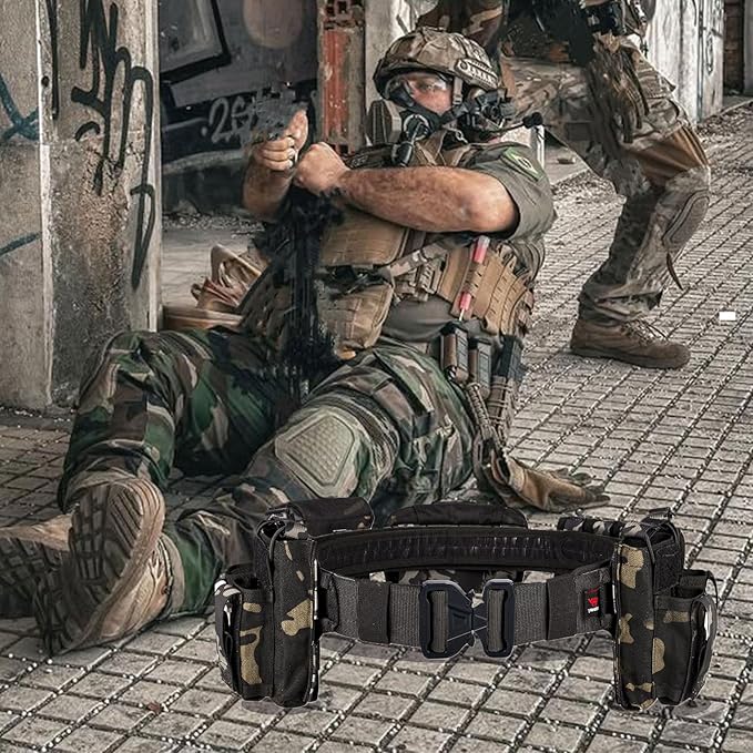 YAKEDA Tactical Battle Belts for Men- Quick Release Trigger Airsoft Belt Heavy Duty Belts with Pouches 7 PCS