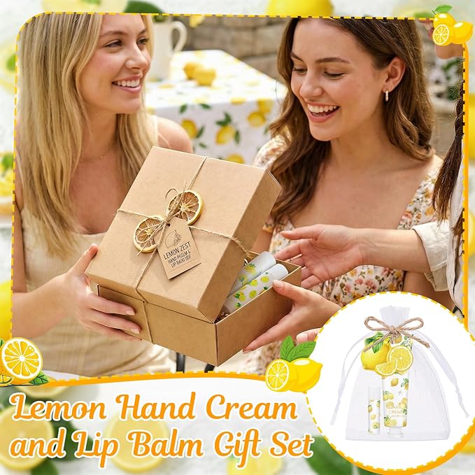 24 Sets Lemon Hand Cream and Lip Balm Gift Bridal Baby Shower Party Favors Travel Size Hand Lotion and Lip Balm Bulk with Organza Bags Tags Wedding Bridal Baby Shower Party Supplies for Guests