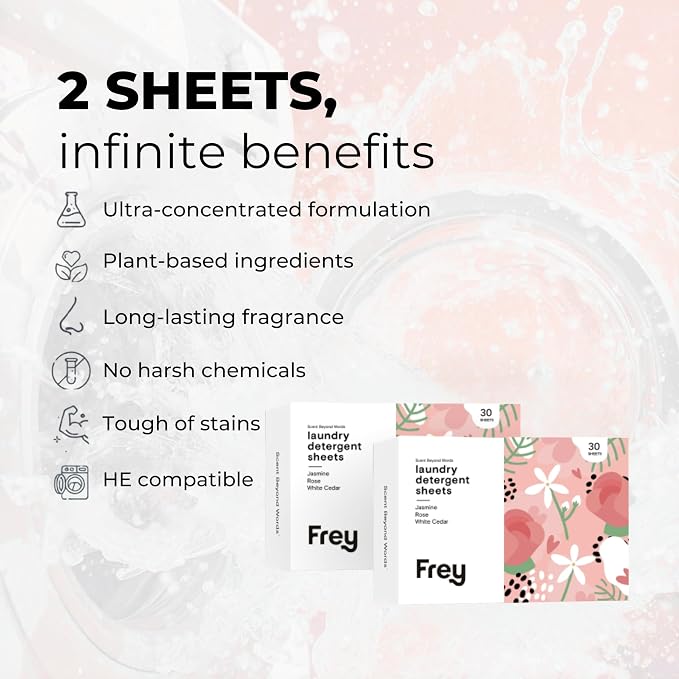 FREY Plant-Derived Laundry Detergent Sheets, 60-Count (Pack of 2) – Eco-Friendly Liquidless Detergent Strips, Travel-Friendly Biodegradable Eco-Sheets (Jasmine Meadow)