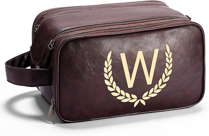 OXYEFEI Personalized Gifts for Men, Personalized Large Toiletry Bag for Men,Custom PU Leather Waterproof Mens Toiletry Travel with Initial Essential Dopp Kit Shaving Bag (W, Tea Brown)