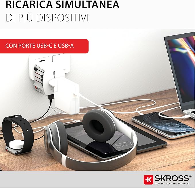 SKROSS Universal Travel Plug with USB and USB C, 1.302962, White