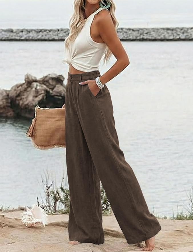 Hooever Womens Cotton Linen Pants Casual Button Up High Waisted Wide Leg Trousers