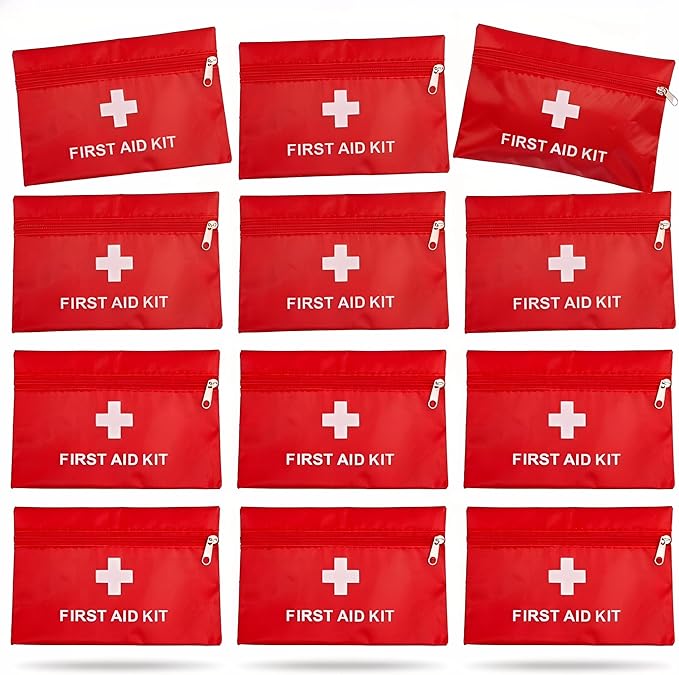 12 Pack Empty First Aid Kit Bag, Small First Aid Pouch Bulk, Water Resistant Travel Medical Organizer, Mini Emergency Supply Storage for Home, Car, Office, Camping, Outdoors (Red, 11x16cm, Bag Only)