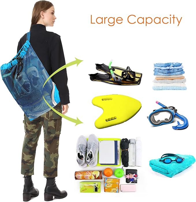 BeeGreen Mesh Drawstring Bag Swim Backpack for Beach Pool Sports Gym Draw String Cinch Bags for Swimming Soccer Basketball Gear Teal