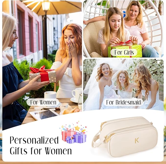 Gifts for Women Teen Girls Large Capacity Initial Travel Makeup Bag, 3-Compartment Cosmetic Organizer with Clear Brush Holders, Large Opening Waterproof Toiletry Bag, Beige,K