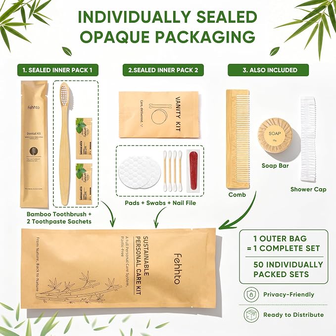 Personal Hygiene Kit Bulk 50 Sets, Travel Size Toiletry Kit for Guests, Disposable Bamboo Toothbrush, Toothpaste, and Vanity Set for Women and Men, Travel, Guest Care, Homeless Care Packages