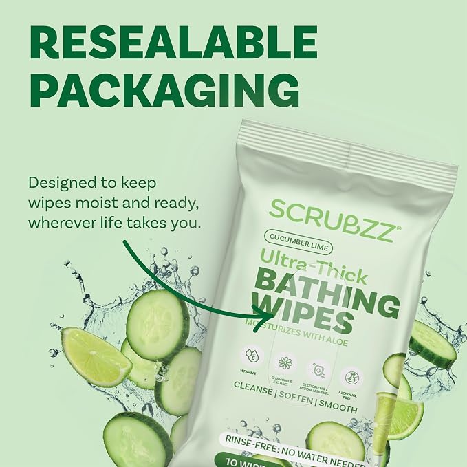Extra Large Bath Wipes for Adults Bathing No Rinse - 40 Ultra Thick Disposable Body Cleansing Wipes for Men, Women & Elderly - Great for Gym, Camping, Post Surgery - Cucumber Lime