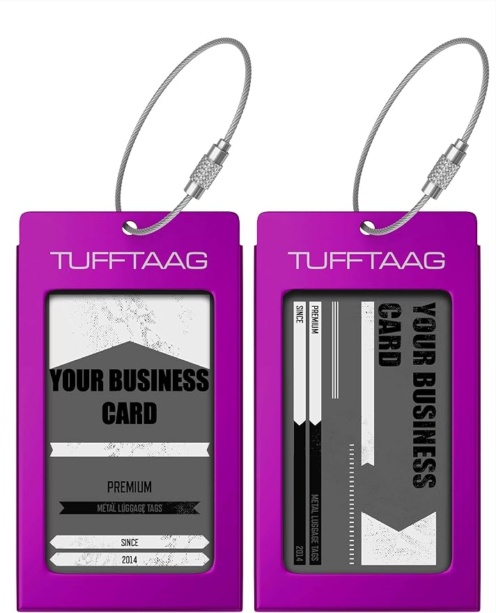 Luggage Tags Business Card Holder by TUFFTAAG - Durable Travel ID Bag Tag, Deep Purple, 2 Tags
