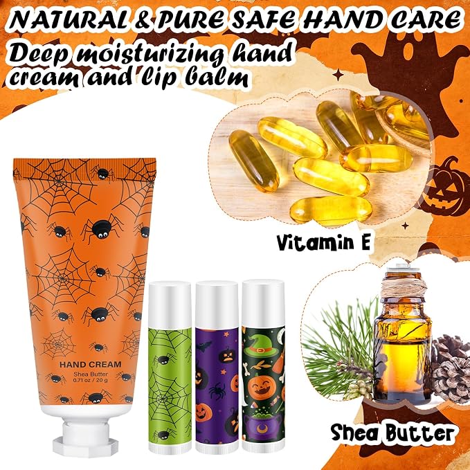 144 Pcs Halloween Lip Balms Hand Cream Sets Halloween Party Supplies Including 36 Ghost Pumpkin Lip Balm and Spider Moisturizing Hand Cream 36 Organza Bags Cards and Ropes for Thank You Gifts