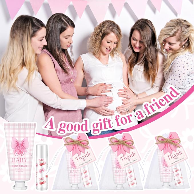 50 Set Pink Baby Shower Gifts Bulk Woman Bow Baby Shower Favor for Guests Lip Balm Hand Cream Include 50 Lip Balm 50 Hand Cream 50 Bag 50 Tag Gender Reveal Wedding Bridal Party Favors Gift
