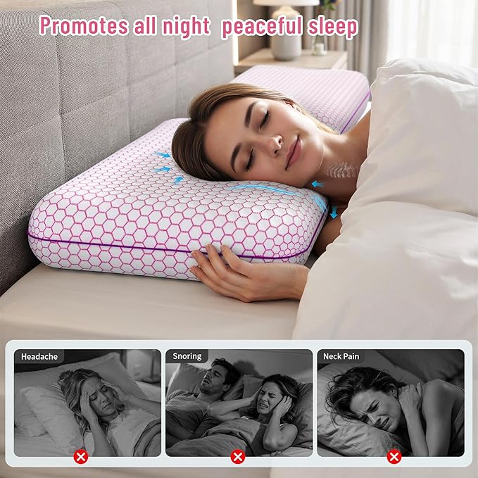 CushyOasis Memory Foam Pillows for Side, Back and Stomach Sleepers, Set of 2, Bed Pillow with Washable Cover and Breathable Mesh, Bed Pillow for Sleeping (Pink，Standard Size)