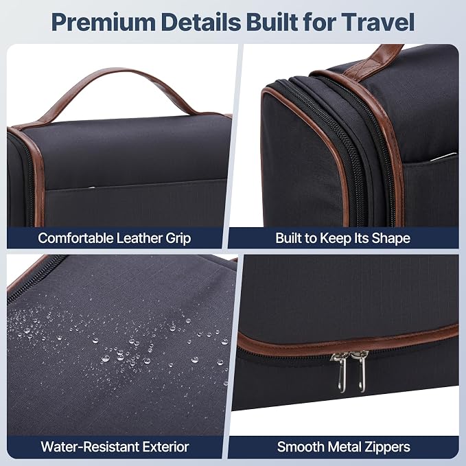 ZAHNI Hanging Toiletry Bag for Men with 360° Hook, Large Toiletry Travel Bag, Bathroom Shower Organizer for Shaving, Grooming & Toiletries_Black