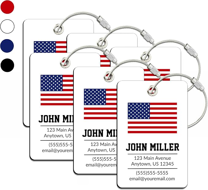 Personalized Luggage Tag with American Flag | 6 Pack | Custom Luggage Tags for Suitcases | Kids Backpack Tag | 4 Color Options & Choose Font, Font Color