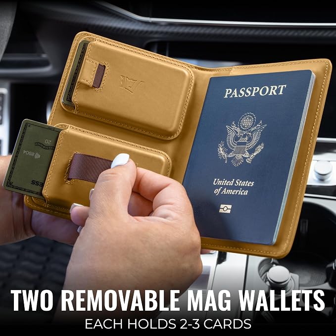 Kings Loot Passport Holder Wallet – RFID Blocking Leather Travel Wallet with Built-in Airtag Holder – Holds 1-6 Cards & Passport – Easy Pull Tab – Slim & Stylish Wallets (Driftwood)