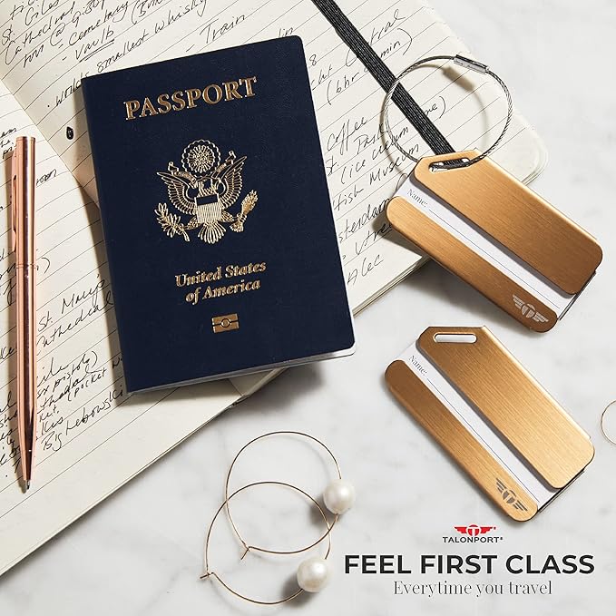 Heavy Duty Metal Luggage Tags for Suitcases| Indestructible Aluminum Travel Tag w/Steel Cable Loop & Smart Lost Bag Recovery, Durable Bag Identifier, Black Silver Gold (Gold, 2 Pack)